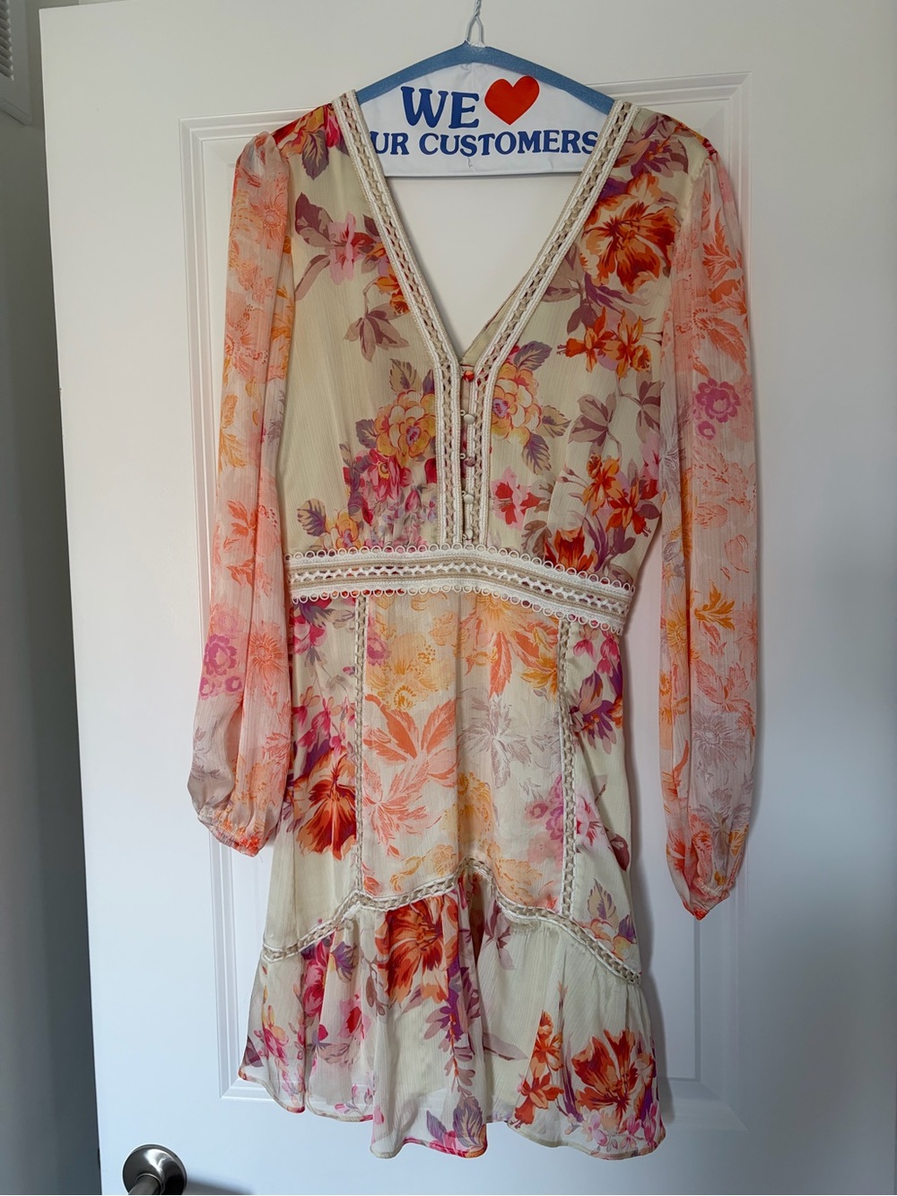 Guess Cream Floral V-Neck Long Sleeve Mini Dress with Pink & Orange Accents